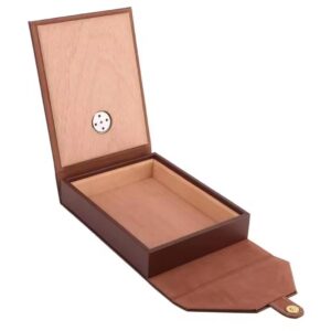 Brown Travel Case Cedar Wood Lined with Hygrometer – Tempat Penyimpan Cerutu