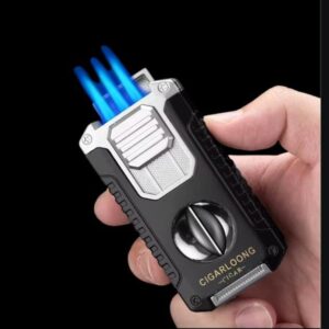 Cigarloong Silver Black Triple Torch Lighter with Needle Puncher and Holder – Korek Api Cerutu Gift Box