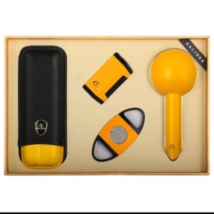 Galiner Yellow 4 in 1 Gift Set (Cigar Case + Cutter + Torch Lighter + Ashtray) Gift Box